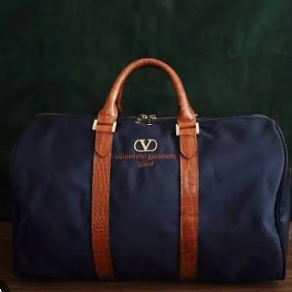 Valentino Garavani Navy and Brown Leather-Trim Duffel Bag
